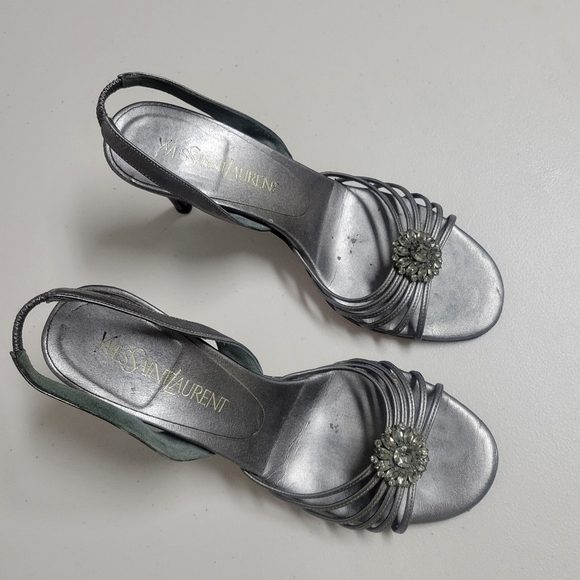 Yves Saint Laurent Grey Silver Heels with Crystal Embellishments. - Picture 2 of 16